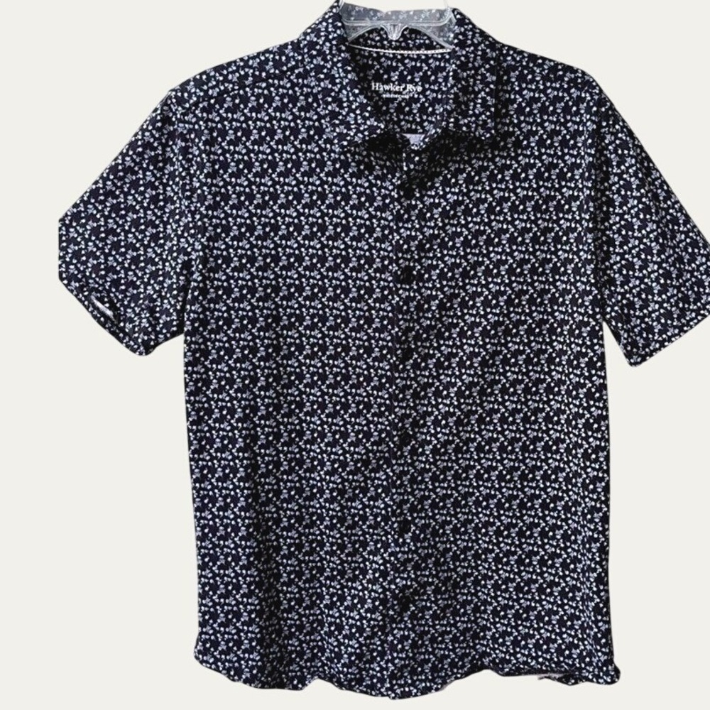 Hawker Rye Floral Print Short Sleeve Button Down Shirt Mens Medium Navy Blue